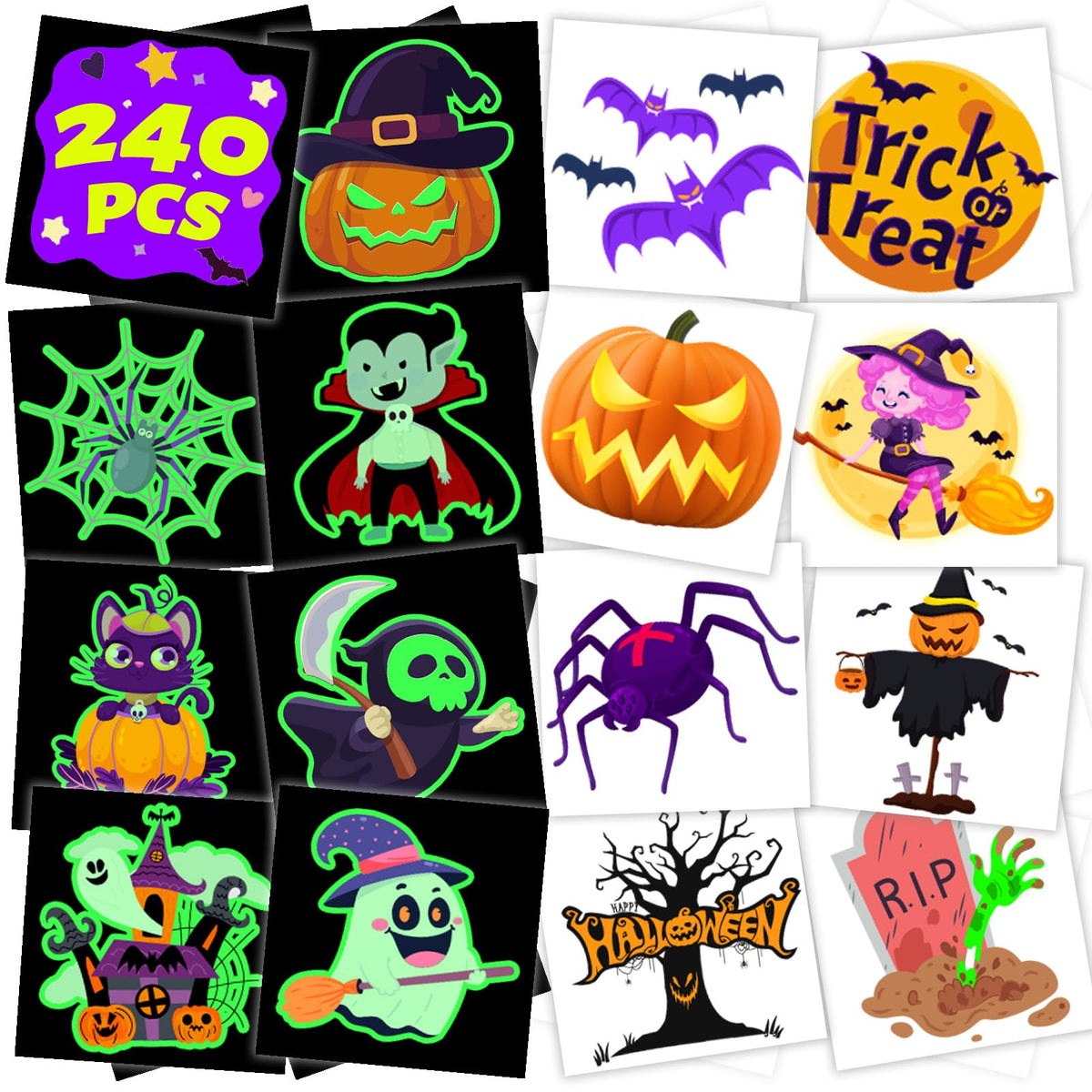 Winthrop 240 Pcs Glow In The Dark Halloween Tattoos For Kids - Waterproof & Individually Wrapped