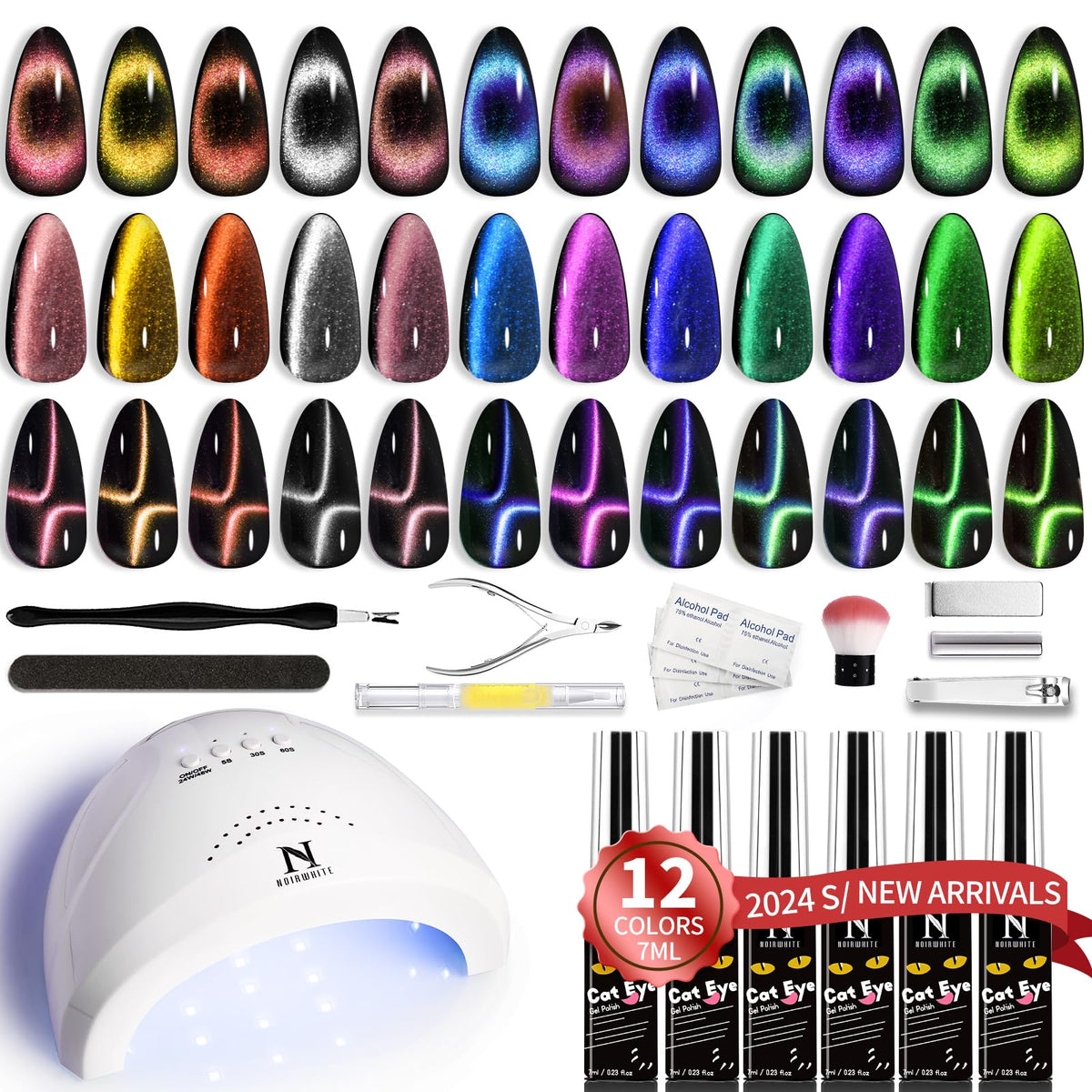 Noirwhite 12 Colors Gel Nail Polish Kit With Uv Light, Sparkly Glitter & Cat Eye Effects