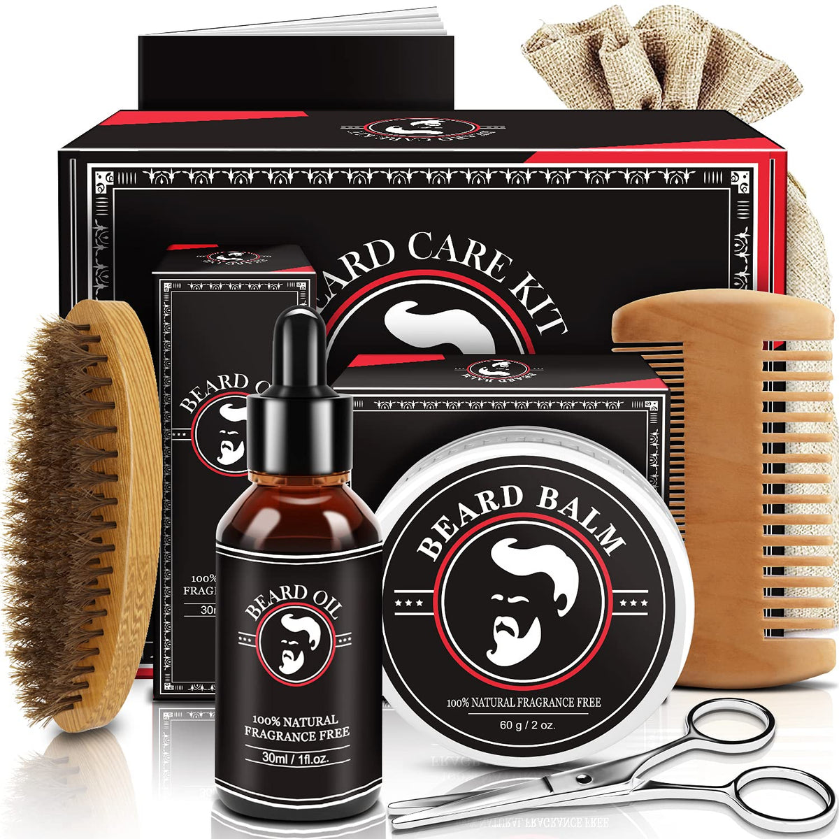 Abudics Beard Growth Kit - Grooming Set With Beard Oil, Balm, Brush & Scissors For Men