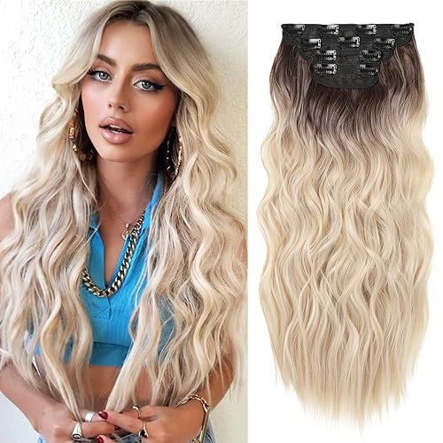 REECHO 20&quot; Ombre Ash Brown to Blonde Clip in Hair Extensions, 4PCS Synthetic Hairpieces