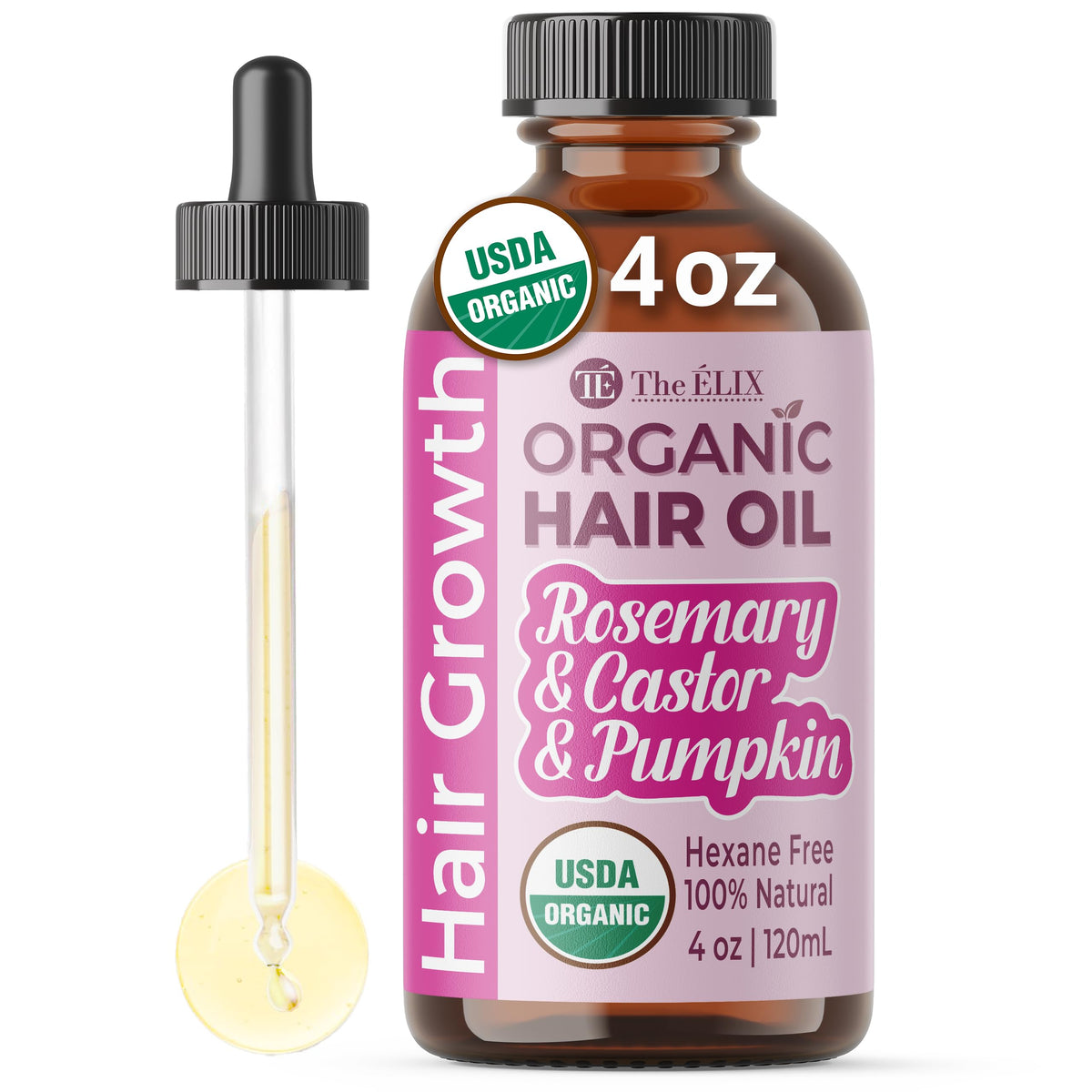 Usda Organic Rosemary Hair Oil - Cold Pressed Castor & Jojoba Blend For Hair Growth 4Oz - The Elix