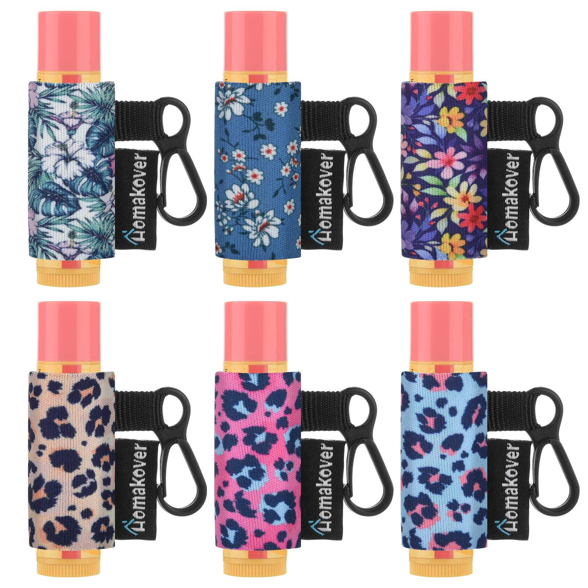 Homakover 6 Pack Clip-On Chapstick Holder, Neoprene Sleeve, Leopard + Flower Design