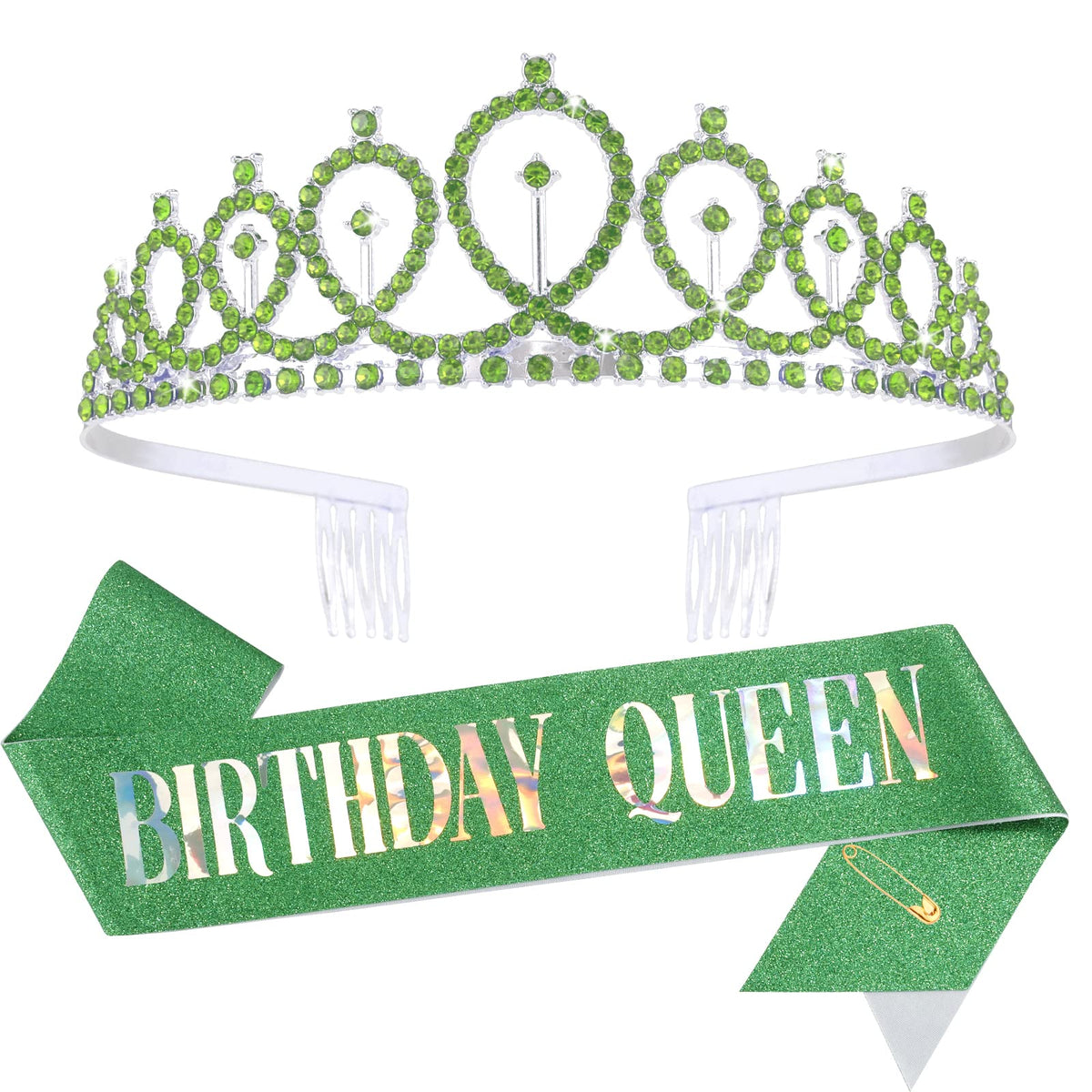 Cieher Birthday Queen Sash & Crystal Crown Kit - Green Rhinestones Headband & Glitter Sash Set