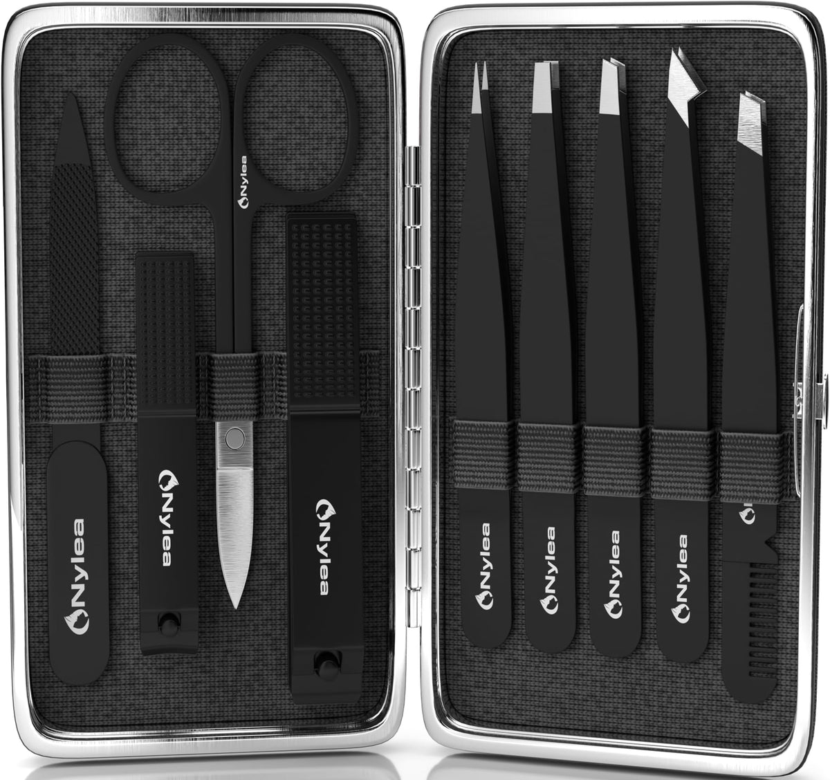 Nylea 9-Piece Stainless Steel Tweezers Set & Nail Clippers for Precision Grooming, Black