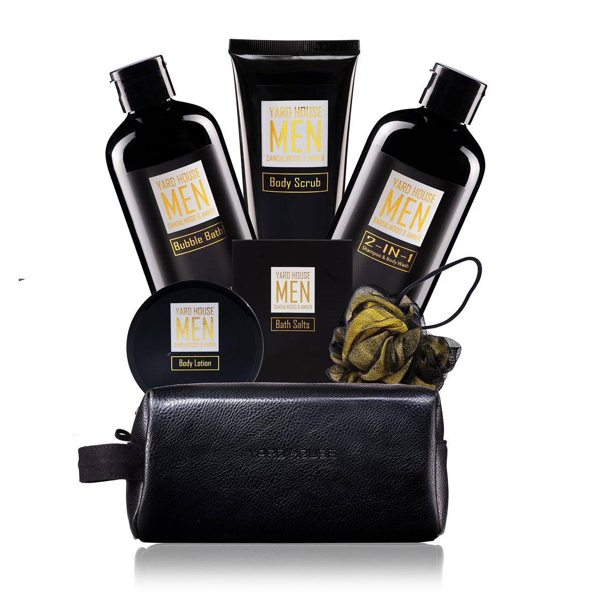 Yard House Sandalwood Amber Spa Gift Basket Set For Men - 7Pc Full Size In Leather Bag