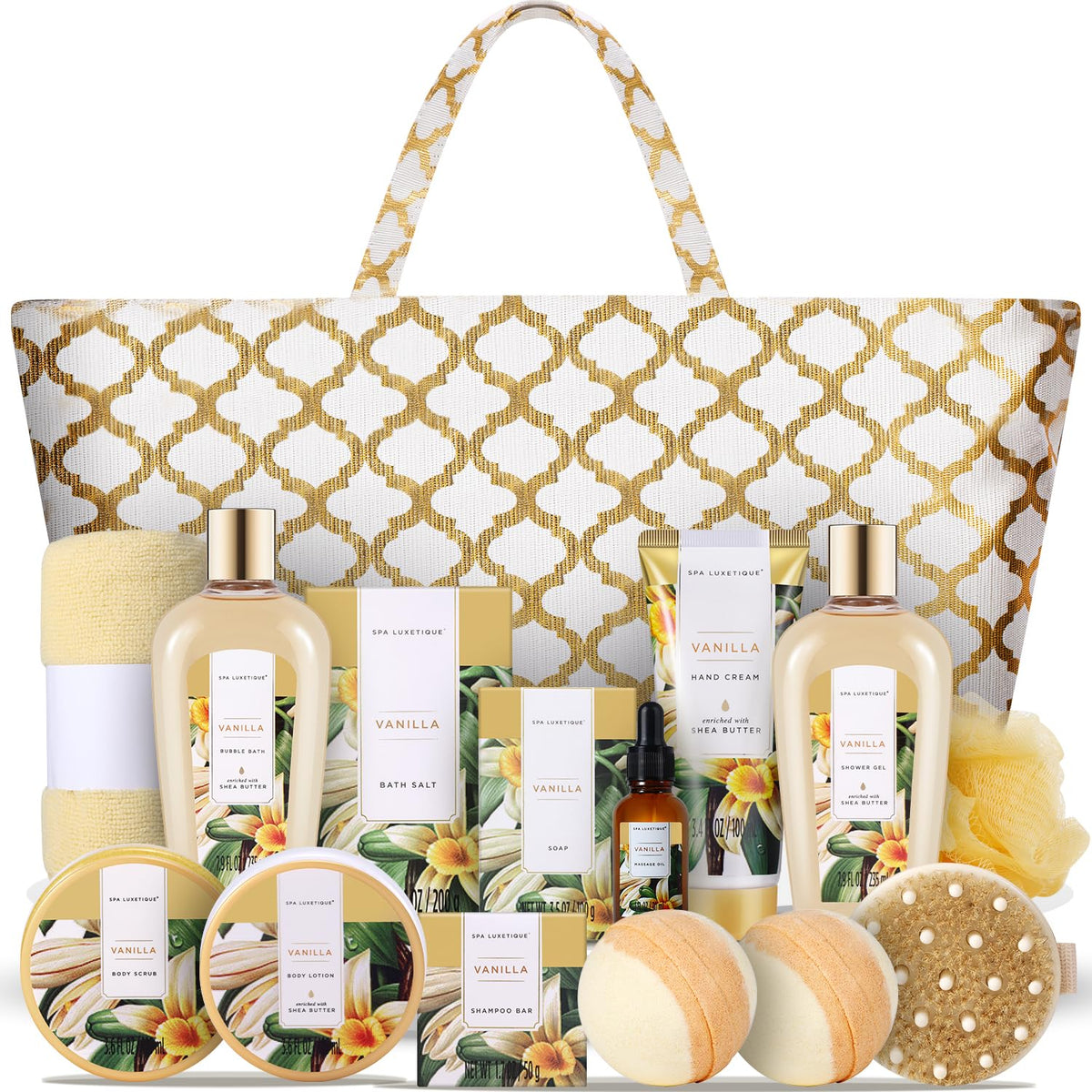 Spa Luxetique 15 Pcs Vanilla Spa Gift Basket For Women - Bubble Bath, Bath Bombs & Tote Bag