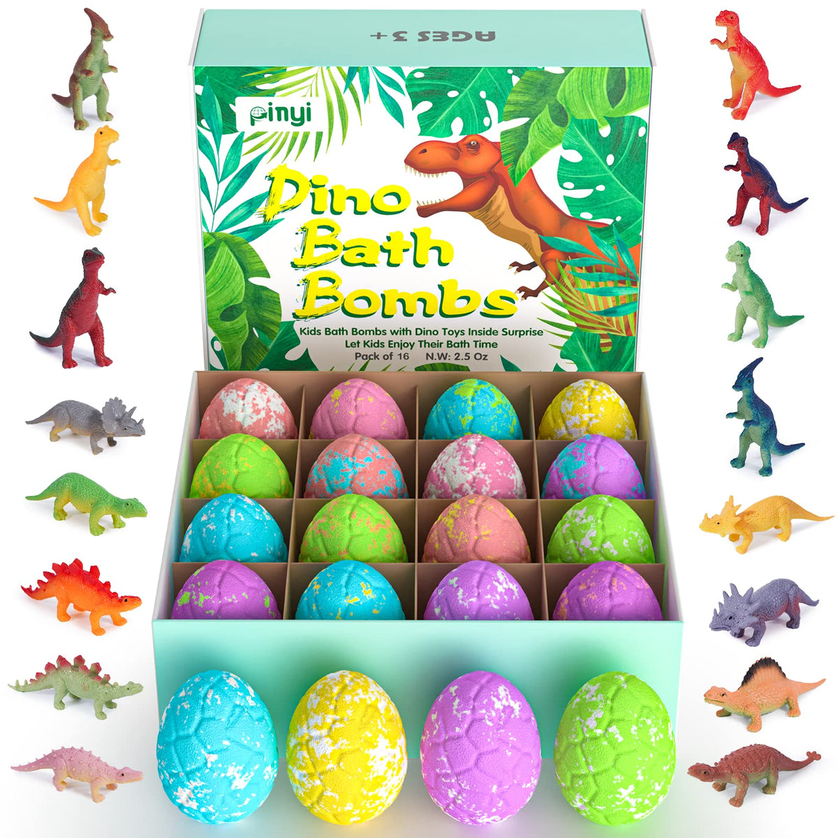 Pinyi 16 Pack Dinosaur Bath Bombs For Kids With Surprise Toys - Organic Bubble Bath Gift Set