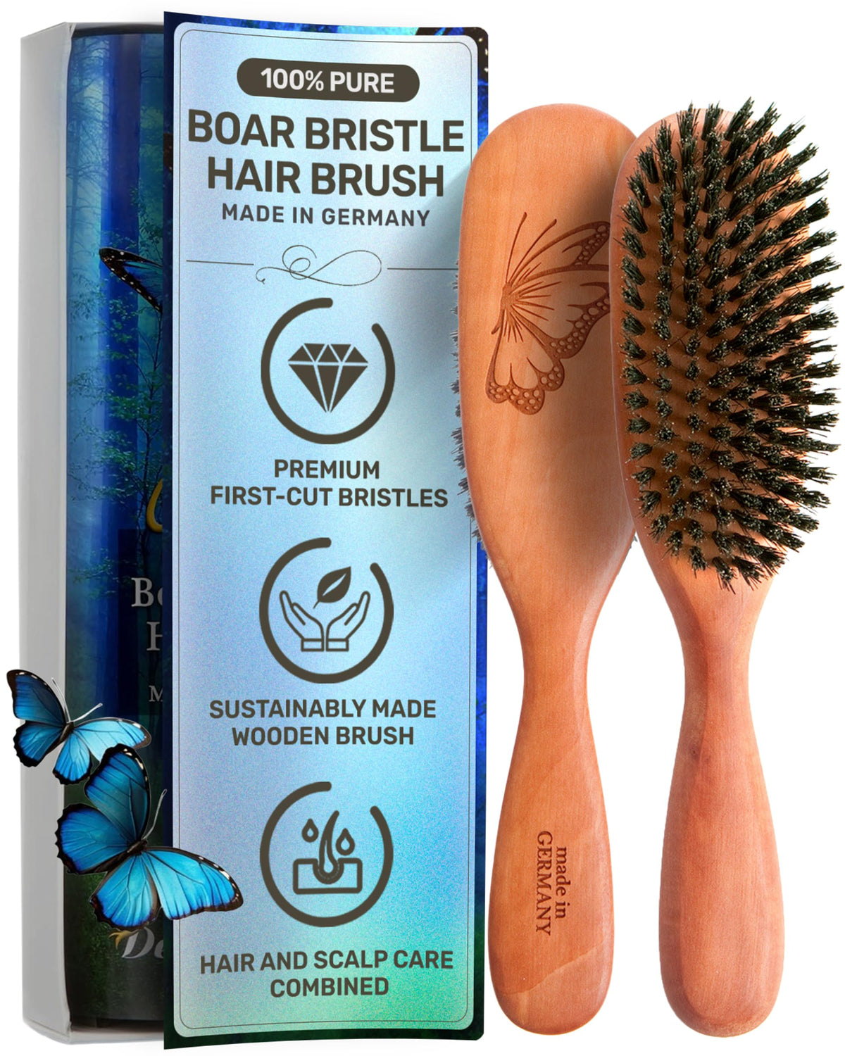 Desert Breeze Boar Bristle Hairbrush - 100% Pure Calcutta, Stiff Bristles, Made In Germany