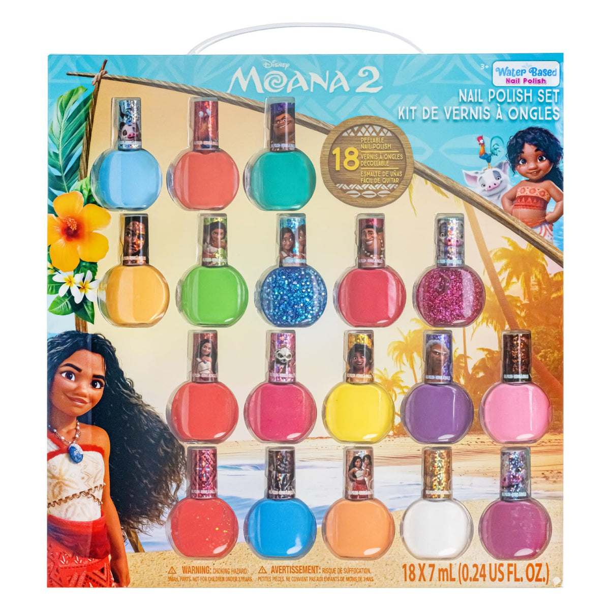 Townley Girl Moana Peel Off Nail Polish Set - 18 Non-Toxic Glittery Colors For Kids 3+