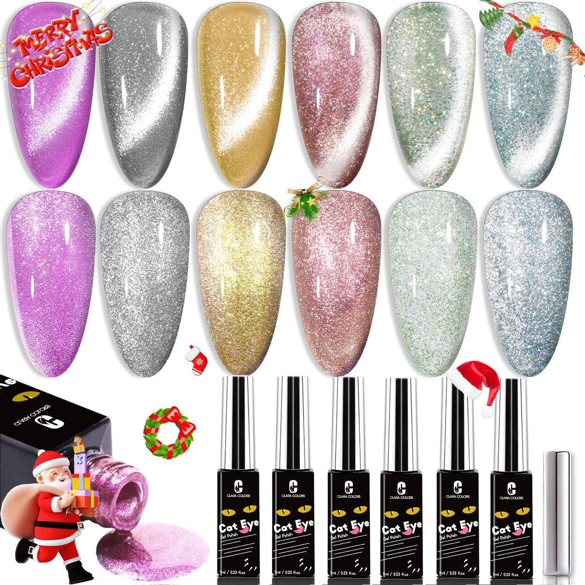 Clara Colors Cat Eye Gel Nail Polish Set - 6 Holographic Colors, Long Lasting & Soak Off Uv Led