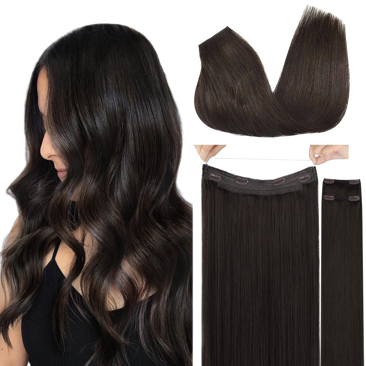 GOO GOO 20&quot; Dark Brown Human Hair Wire Extensions, 140g Invisible Seamless Fish Line Hairpiece