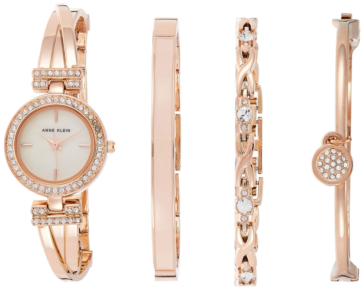 Anne Klein Rose Gold Crystal Accented Bangle Watch & Bracelet Set, Ak/2238