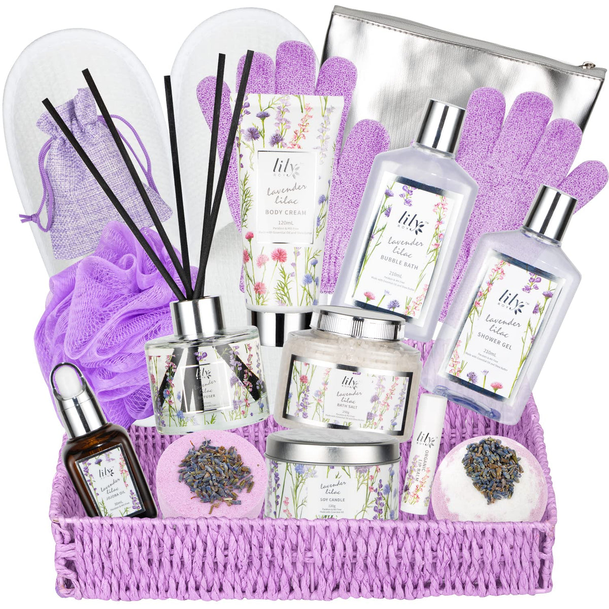 Lily Roy Lavender Spa Gift Set For Women - 17Pcs Relaxing Bath & Body Basket, Perfect Gift For Her