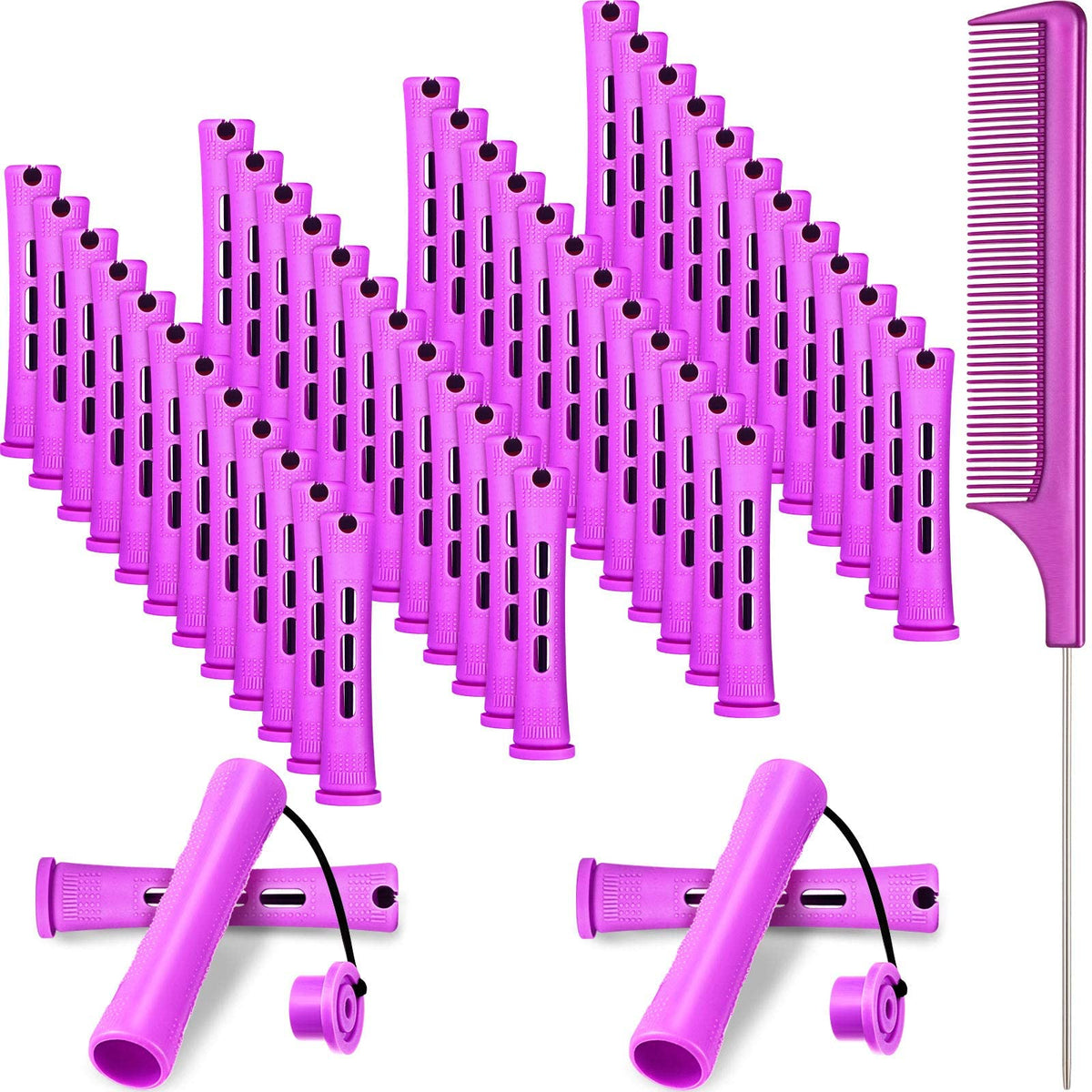 WILLBOND 48 Pieces Purple Hair Perm Rods, 0.75 Inch Plastic Curling Rollers with Comb