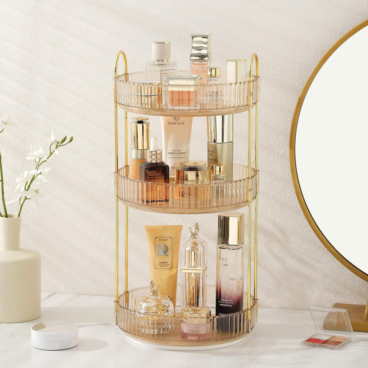 Aveniee 360 Rotating Makeup Organizer - 3 Tier Amber Gold Clear Bathroom Counter Shelf