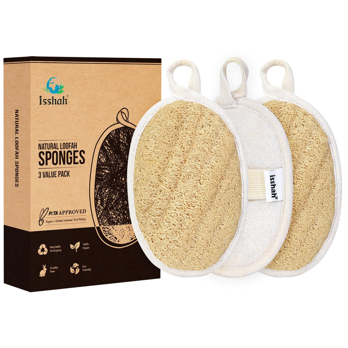 Isshah Natural Loofah Sponges, 3 Pack - Fsc Certified, Peta Approved Tan Shower Loofah