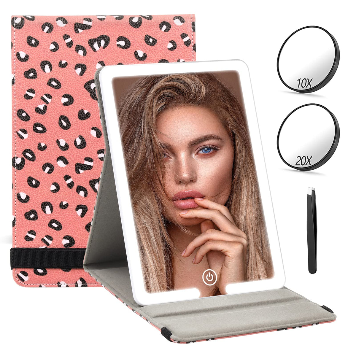 RRtide Travel Mirror with Light - 10X/20X Magnifying, LED, Portable PU Leather, 8&quot;x5.