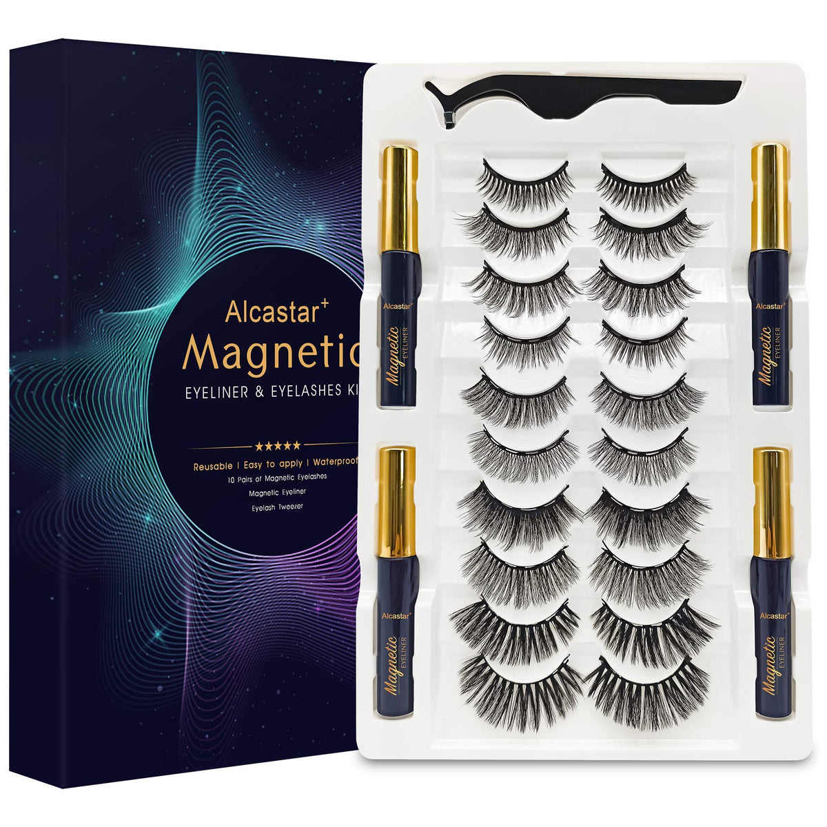 Alcastar+ Magnetic Eyelashes & Eyeliner Kit - 10 Pairs, 4 Tubes, Waterproof, Natural Look