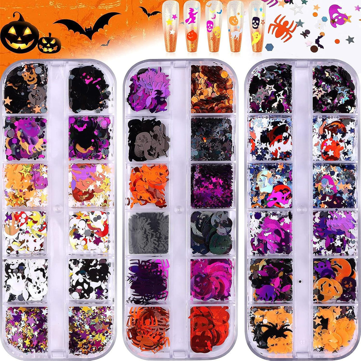 Ebanku Halloween Nail Art Glitter Sequins - 3D Holographic Confetti For Diy Nails, Multicolor