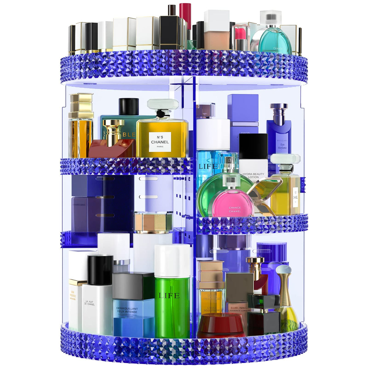 Famitree 360° Large Blue Acrylic Makeup Organizer - 7 Layers For Vanity & Bathroom Storage