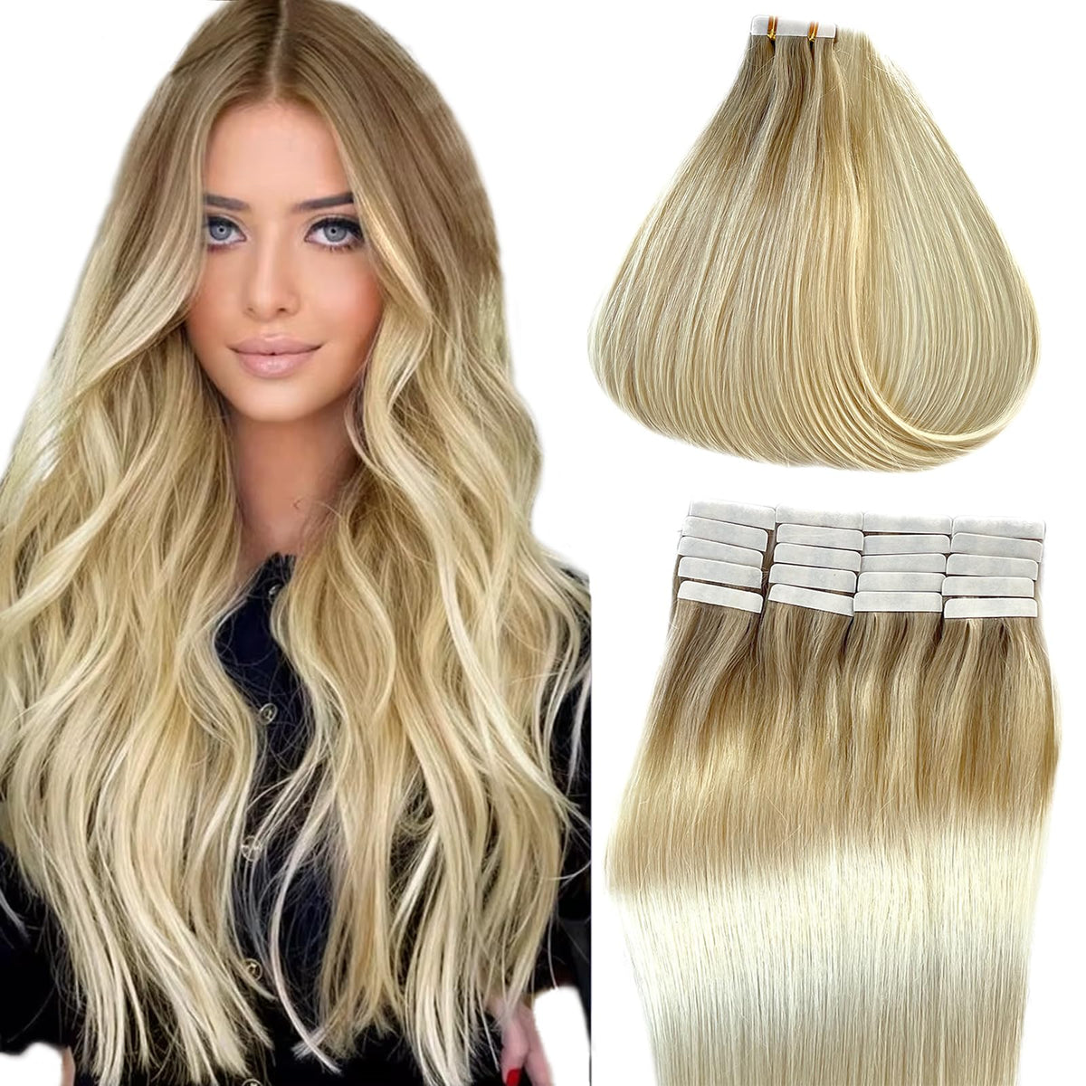 Munx 16&quot; Tape In Hair Extensions Ombre Beige Blonde Human Hair, Invisible Tape, Highlighted