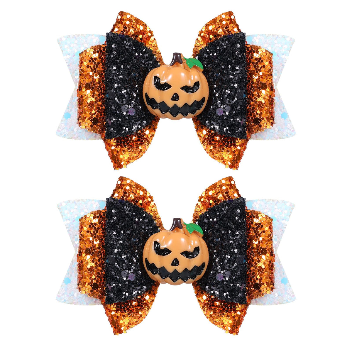 Lsvoz Halloween Pumpkin Hair Bow Clips - Glittery 3-Layered Accessories In White, Orange & Black