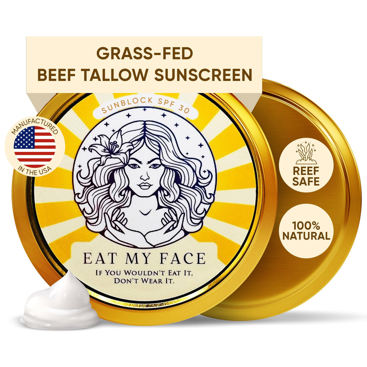 Eat My Face Beef Tallow Sunscreen Spf 30, Reef Safe, Non-Nano Zinc Oxide, 4Oz Cream