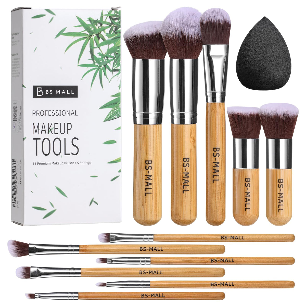 BS-MALL 11Pcs Bamboo Makeup Brush Set - Kabuki Foundation, Concealer & Blending Brushes