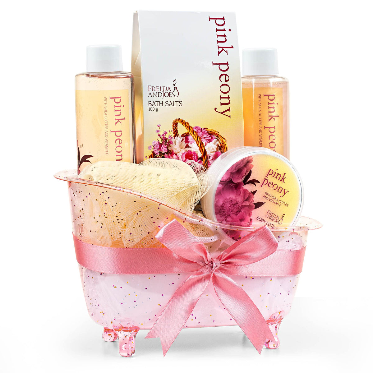 Freida And Joe Pink Peony Spa Gift Basket - Luxury Bath Set With Shower Gel, Lotion & Bath Salt