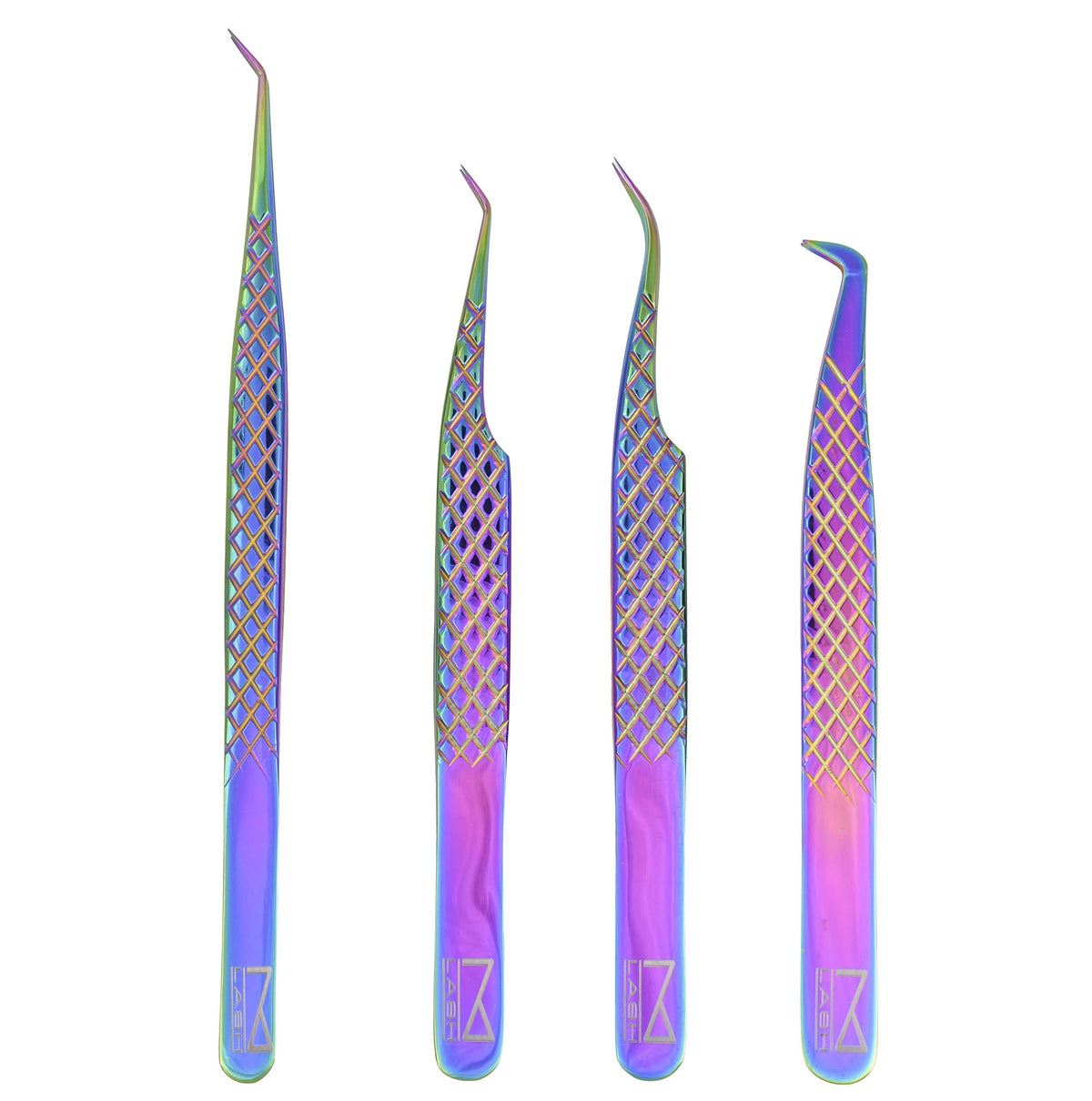 M LASH Set of 4 Multi-Color Diamond Grip Eyelash Tweezers - Japanese Stainless Steel