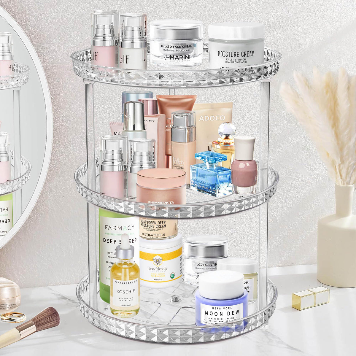 Adoco 3 Tier Clear Diamond Lazy Susan Makeup Organizer - 360 Rotating Skincare & Perfume Storage