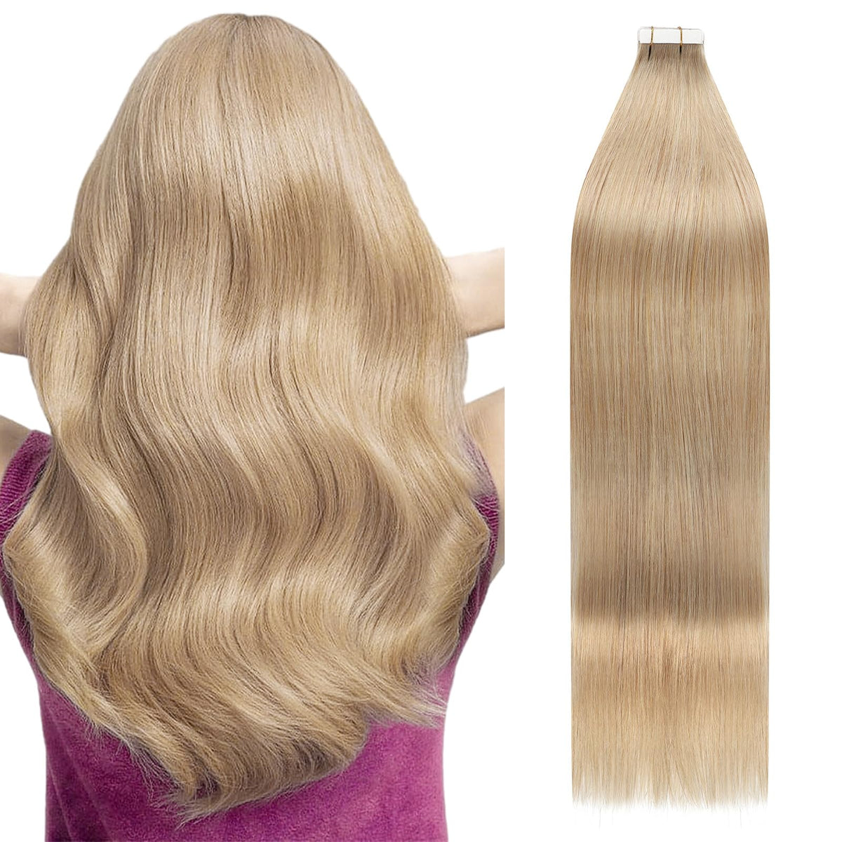 Ymeyme 20 Inch Tape In Hair Extensions, Human Hair, Seamless, #27 Caramel Blonde, 50G,