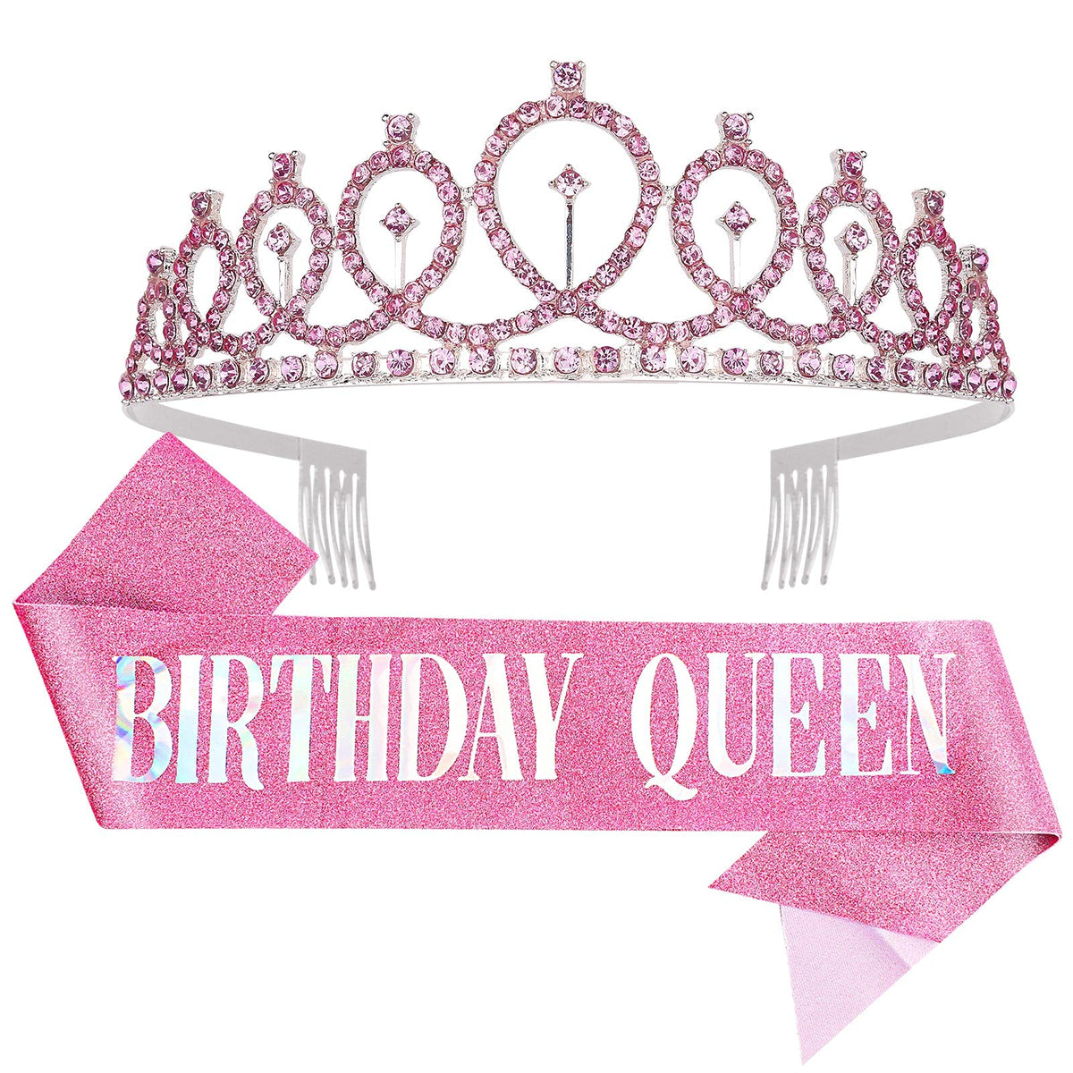 Cieher Pink Tiara Crown Set With Sash For Women'S Birthday Party & Prom Decorations