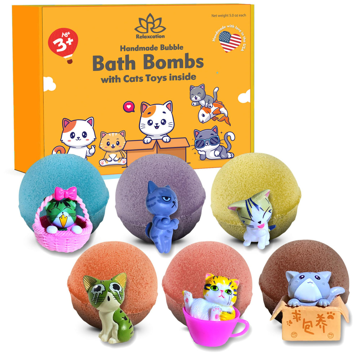 Relaxcation Bath Bombs Set For Kids - Surprise Cat Toys In Each Fizzy Ball, 6 Count