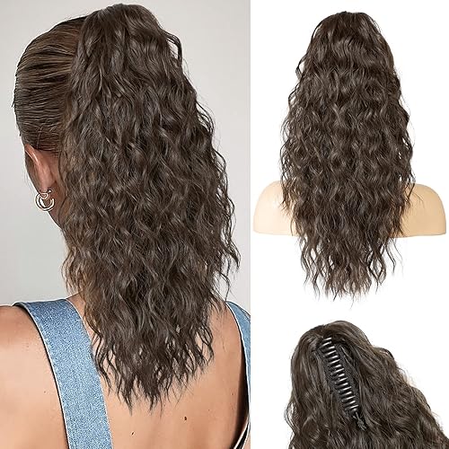 REECHO 18&quot; Dark Chocolate Brown Claw Clip Ponytail Extension - Curly Wavy Synthetic Hairpiece