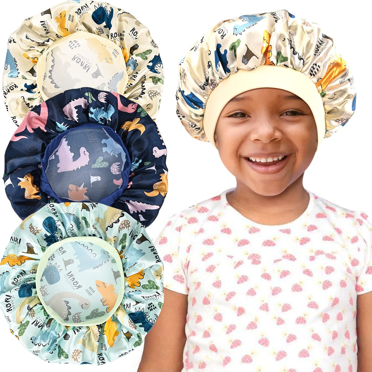 Aileam Kids Satin Bonnet Set - Dinosaur Print, Soft Silk, Large Size, Elastic Band Night Caps