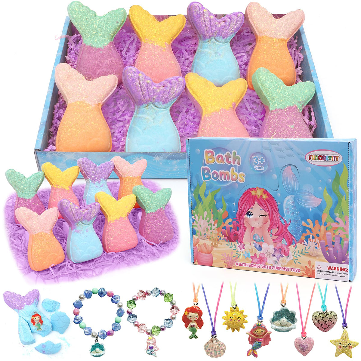 Funcrevity Bath Bombs For Kids - 8 Pcs Mermaid Surprise Toys, Perfect Gift For Girls