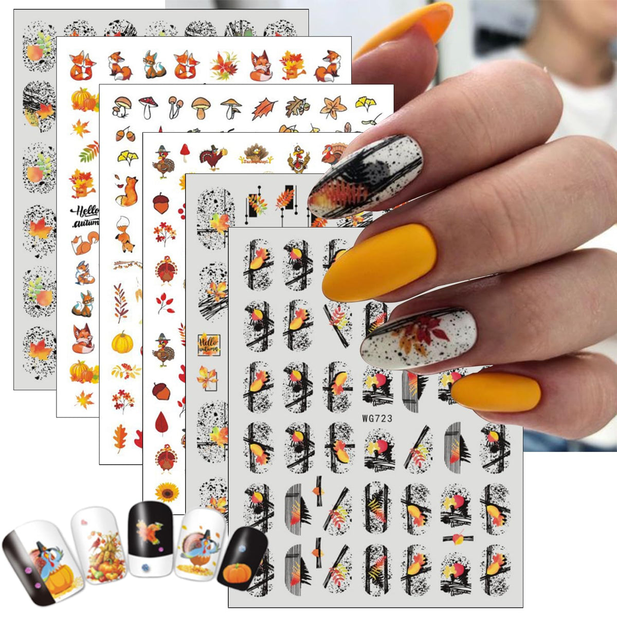 Kehkfsef 6 Sheets Fall Nail Art Stickers - 3D Autumn Leaves Decals For Diy Manicure Decor