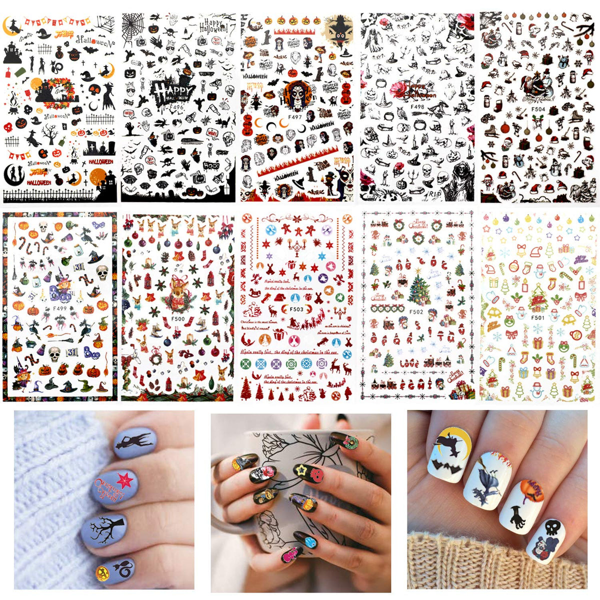 Konsait 1100+Pcs 3D Halloween & Christmas Nail Stickers - Skull, Bat, Pumpkin & More