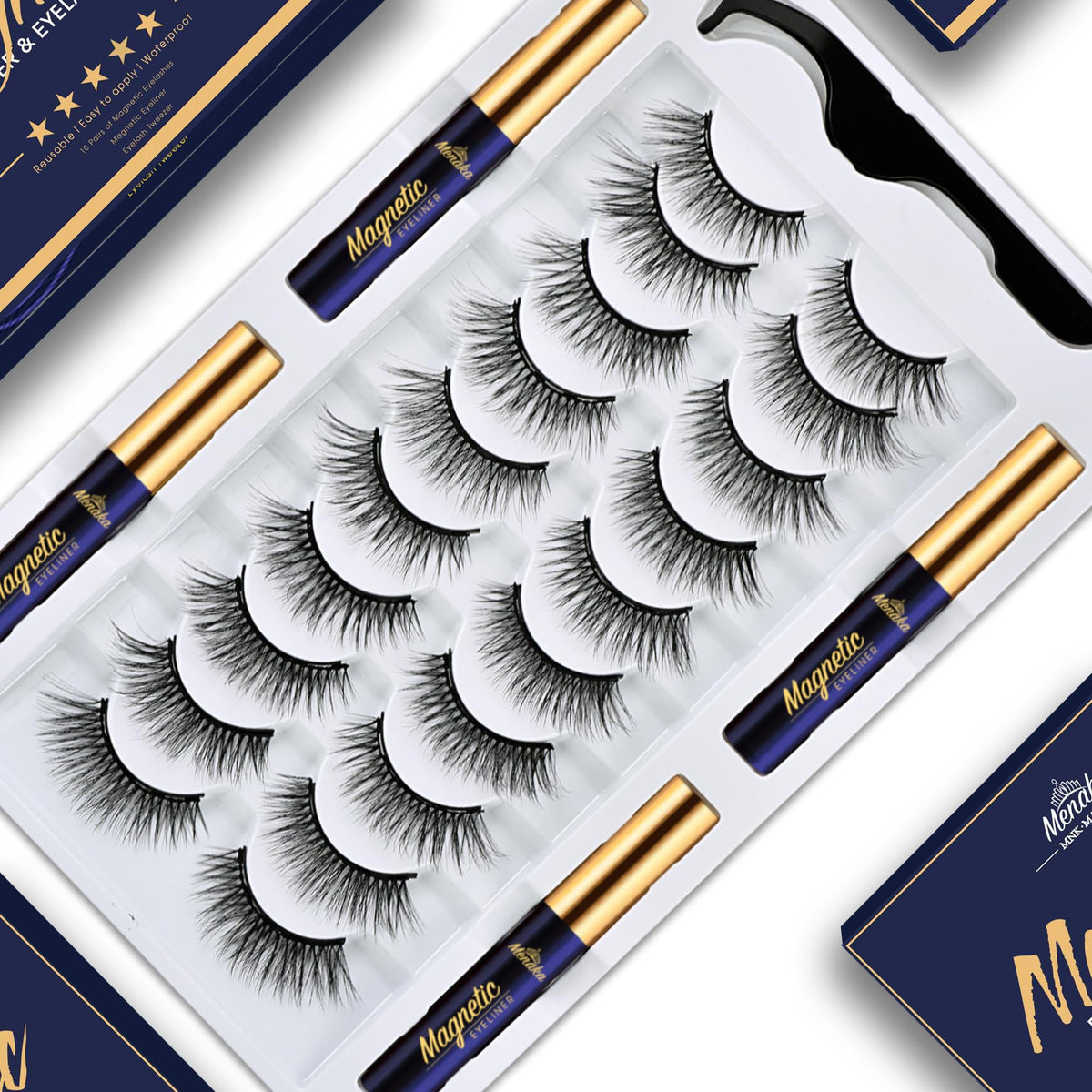 Menaka 3D Magnetic Eyelashes Kit, 10 Pairs Cat-Eye Lashes With Waterproof Liner, Reusable