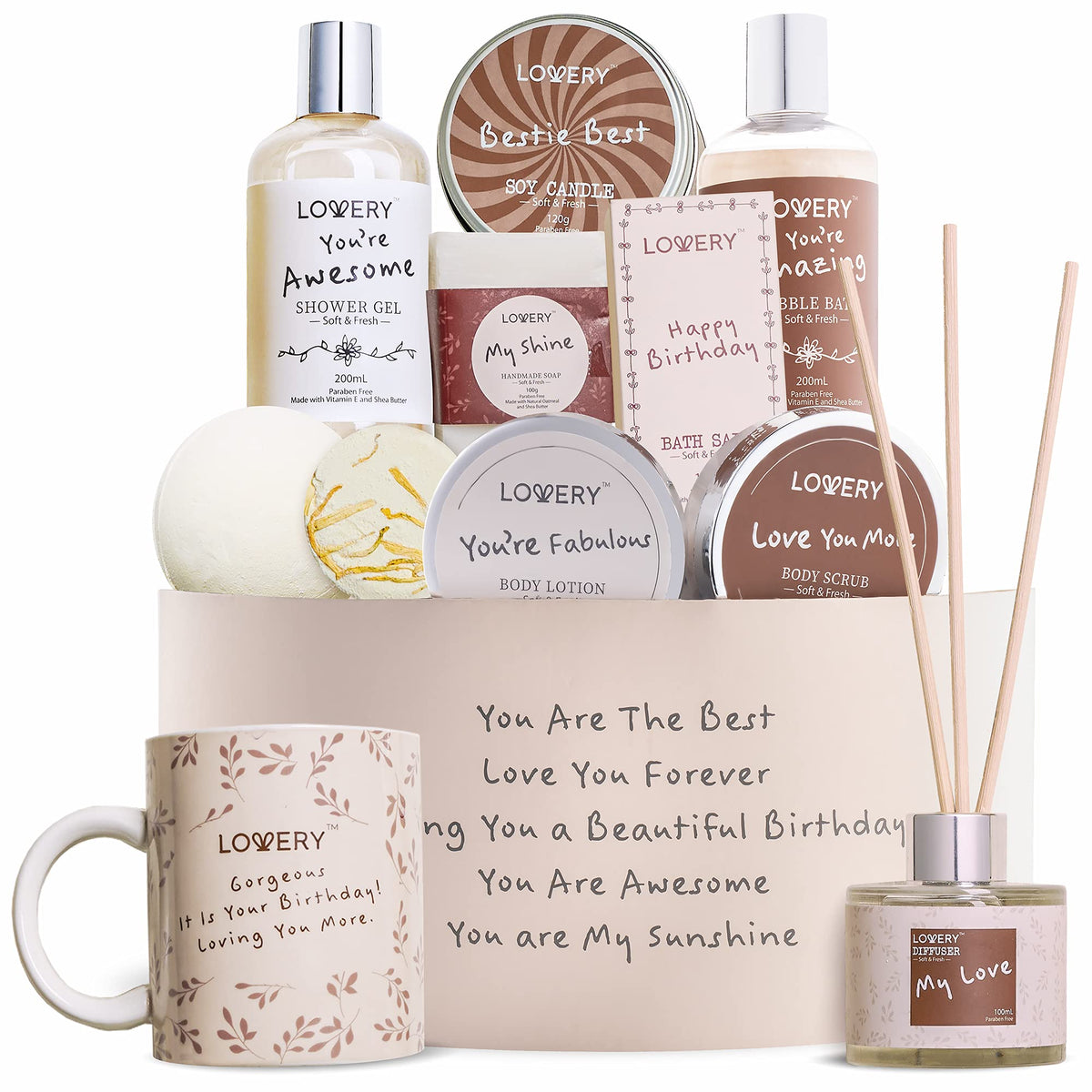 Lovery Birthday Gift Basket For Women - Luxury Spa Set With Bath Essentials & Happy Birthday Mug