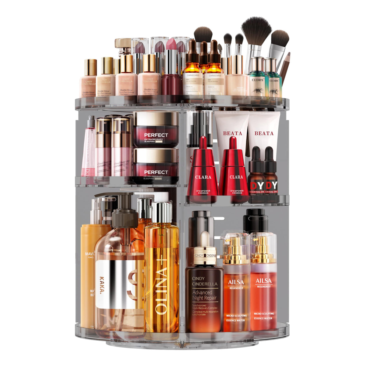 Auxmir 9-Layer Rotating Makeup Organizer - Adjustable Acrylic Skincare & Cosmetic Carousel, Gray