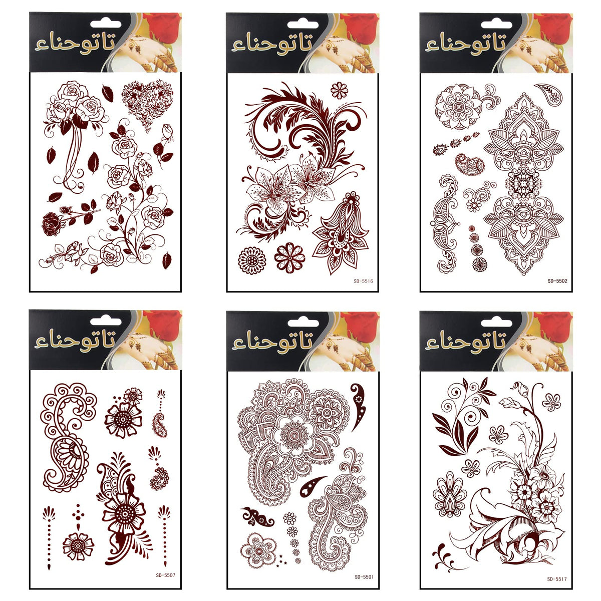 Ahier Flower Temporary Henna Tattoos - 6 Waterproof Red Ink Body Art Stickers