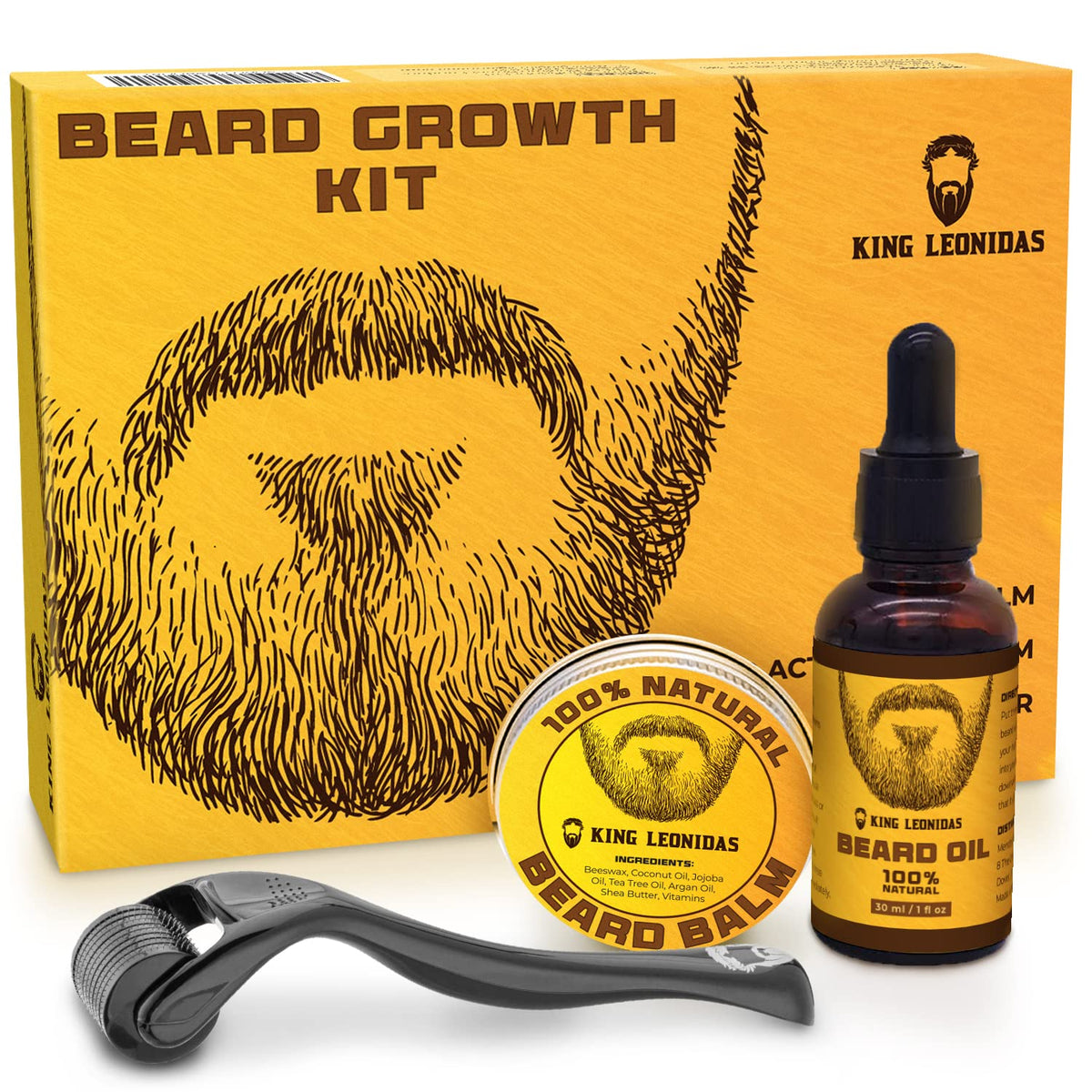 King Leonidas Beard Growth Kit - Microneedling Tool, Beard Balm & Oil For Men