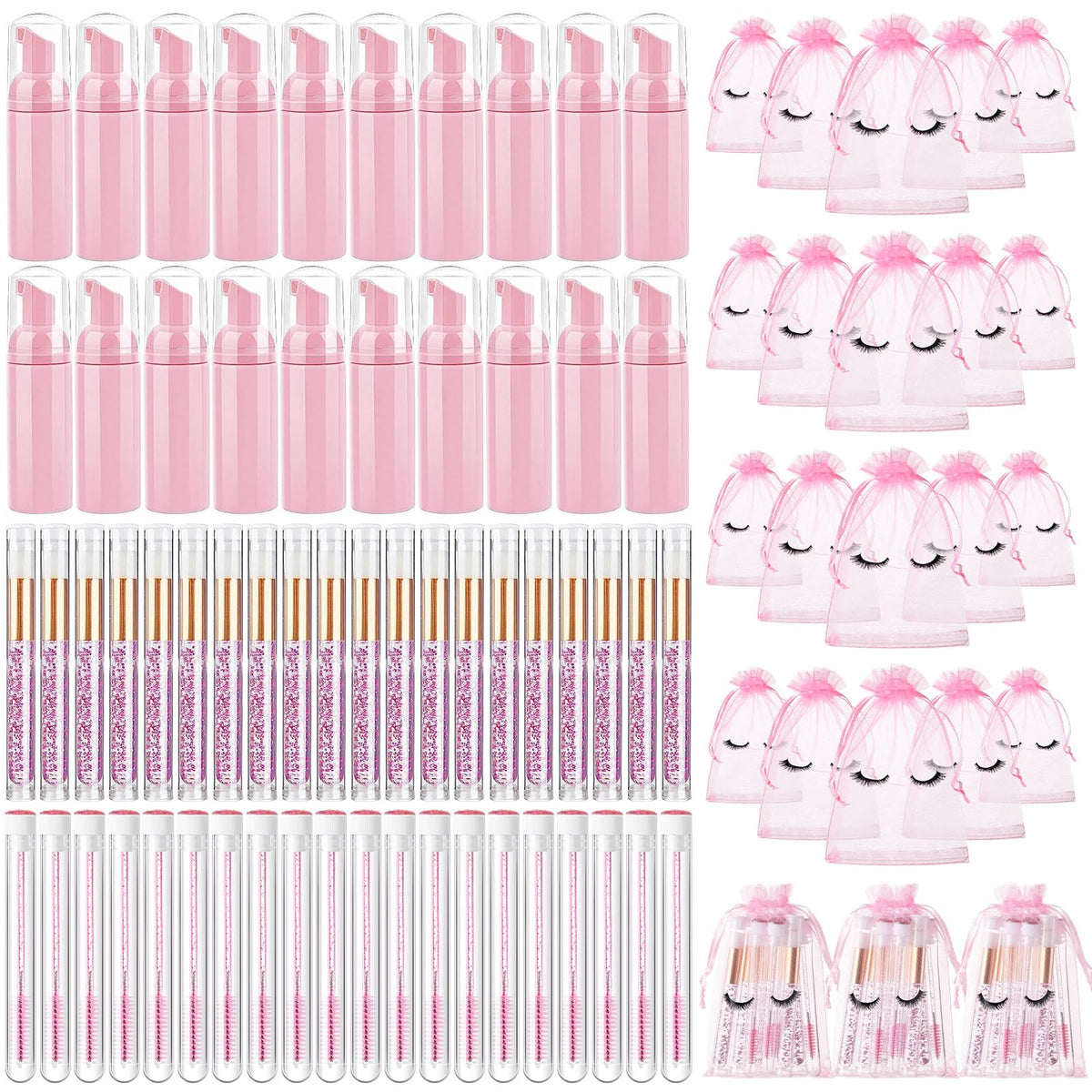 Zhehao 80 Pcs Lash Shampoo Kit - Foam Pump Dispensers, Brushes & Aftercare Bags - Pink