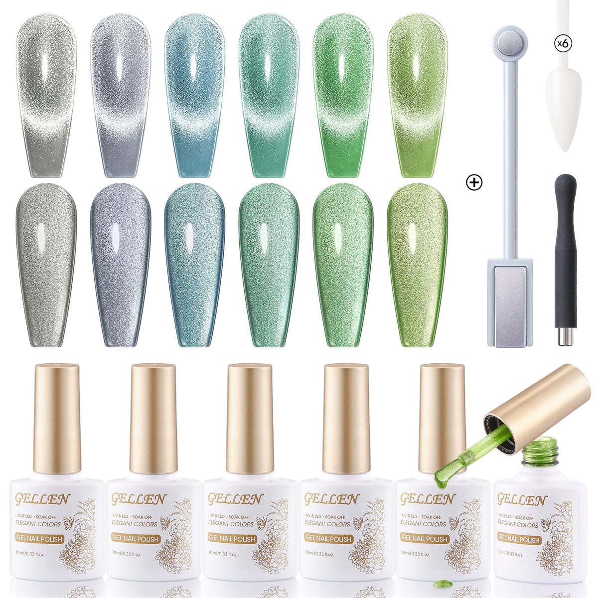 Gellen Cat Eye Gel Nail Polish Set, D-3 Green Glitter, 6-Pack Soak Off Uv/Led Cured Gel