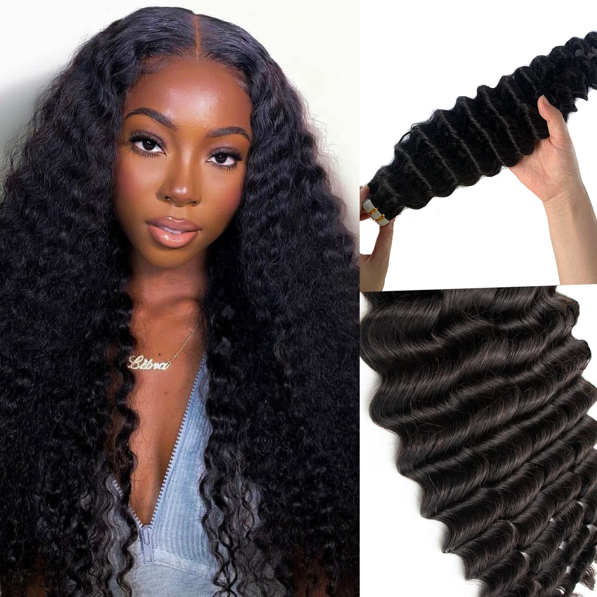 Smavida 16&quot; Deep Wave Tape In Hair Extensions For Black Women - 9A Human Hair, Natural Black