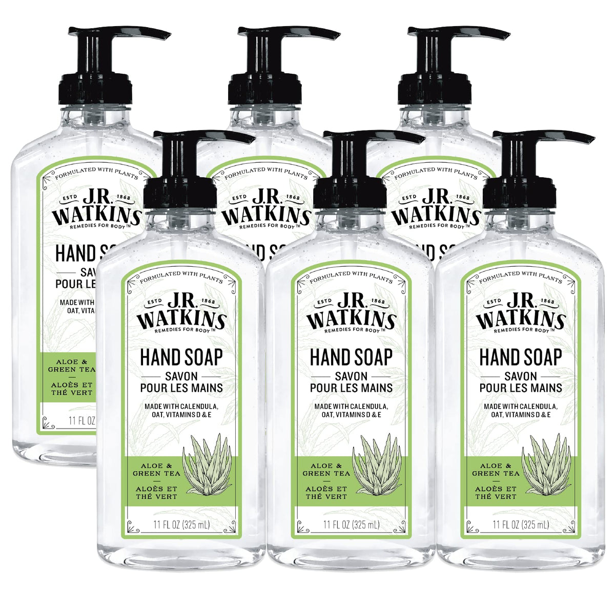 J.R. Watkins Aloe & Green Tea Gel Hand Soap, 11 Fl Oz, 6 Pack, Usa Made, Cruelty Free