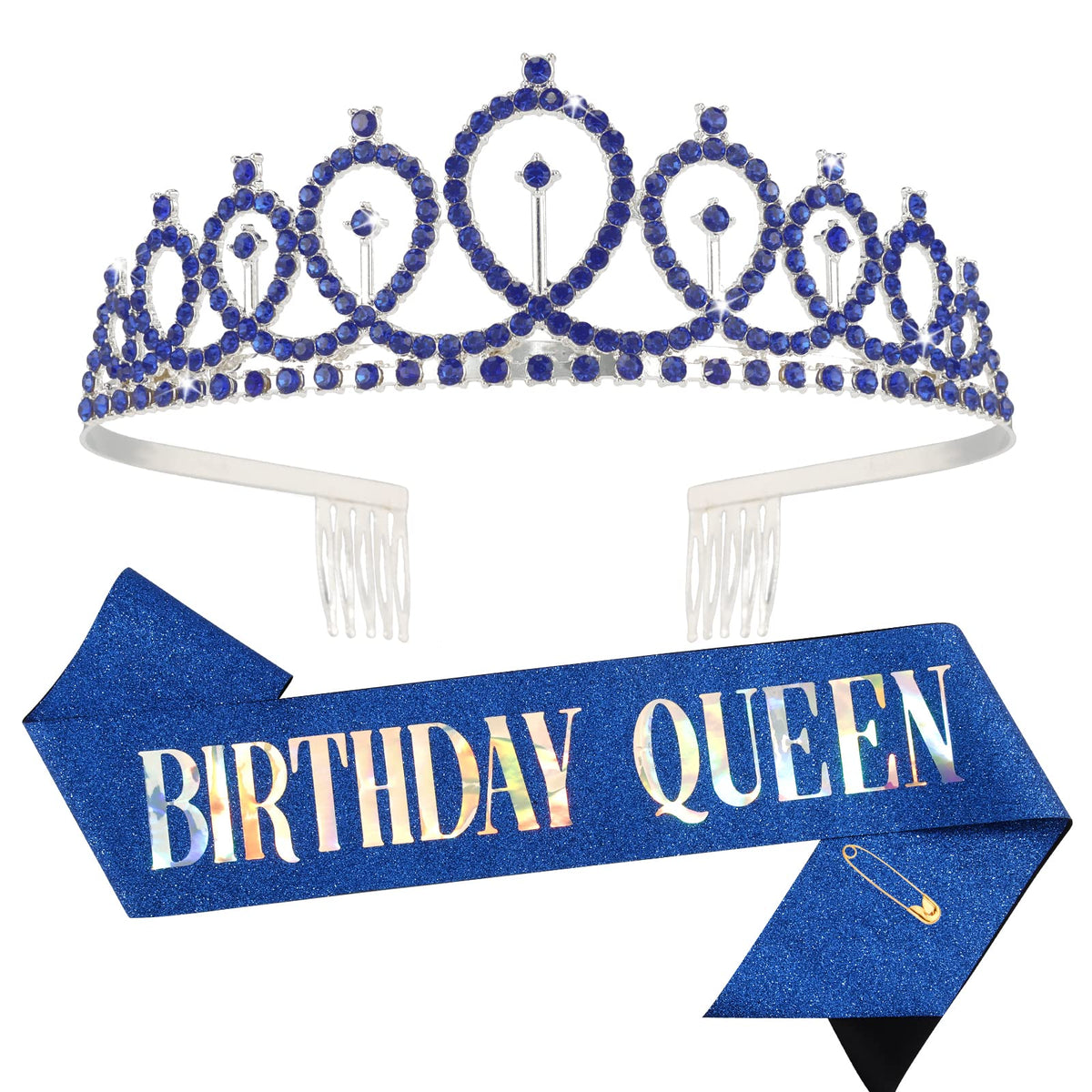 Cieher Birthday Queen Sash & Crystal Crown Kit - Royal Blue Tiara & Accessories For Women