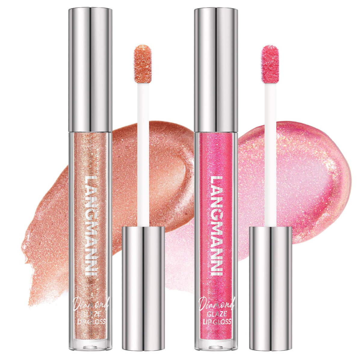 Langmanni Diamond Glitter Lip Gloss Set - Long Lasting, Hydrating, 2 Colors, 0.07 Fl Oz Each